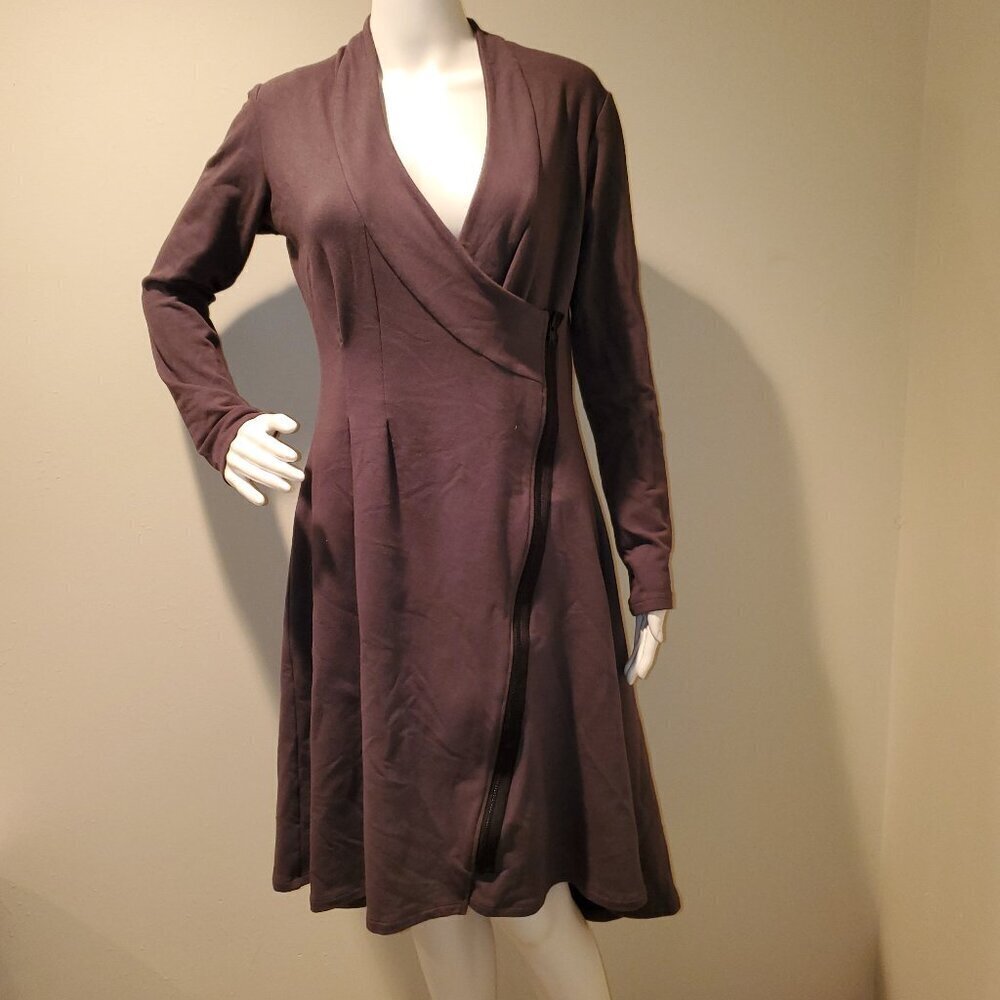 Gr.Dano Zip Front V-Neck Dress Brown Gray L